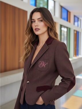 Pedro del Hierro Wool Blazer Womens US 6 Brown Plaid Corduroy Equestrian preppy